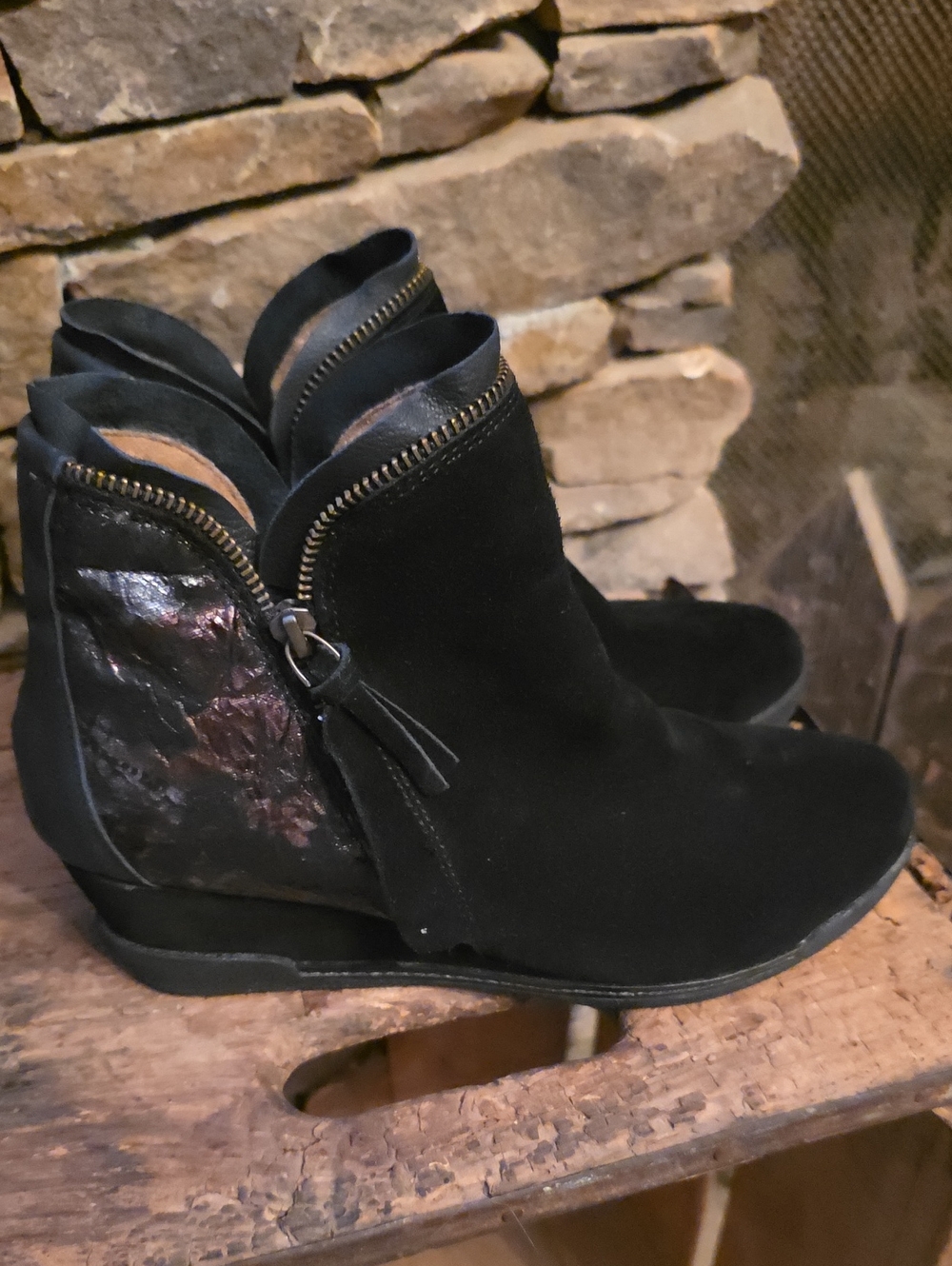 Halsa Footwear Black Suede Ankle Booties with Metallic Accent